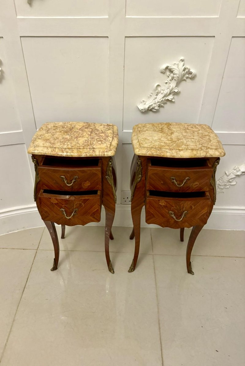 Exceptional Antique Pair of Louis XV Style Kingwood and Marble-Top Bedside Cabinets